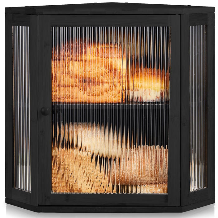 BRONYPRO Double Layer Corner Bread Box for Kitchen Counter with Height-adjustable Partition, Large Black Bamboo Wooden Bread Box for Multiple Loaves, Modern Breadbox for Kitchen Countertop