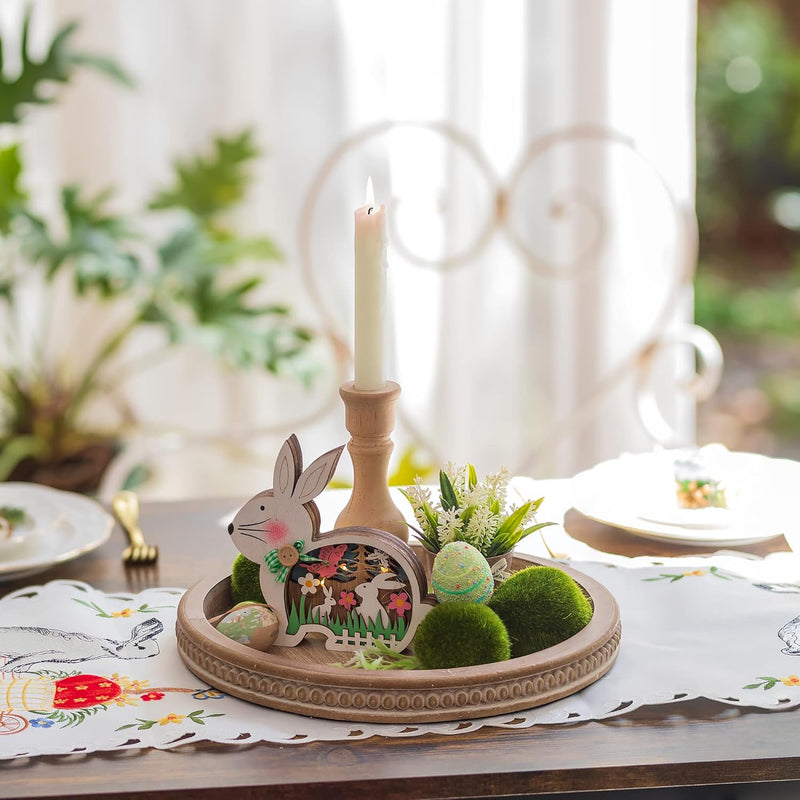 Hanobe Decorative Serving Tray Wood: White Washed Bead Round Tray Decor for Coffee Table Rustic Wooden Trays Farmhouse Centerpiece for Living Room Kitchen Counter