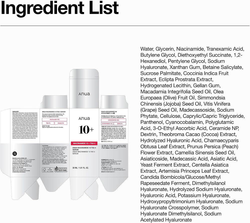 10% Niacinamide+ 4% TXA Serum, Ceramide, Hyaluronic Acid, Tranexamic Acid, Vitamin B12 Natural color, Korean Glass Skin, Fragrance-Free, Dark Spot Serum, Korean Skincare, 30ml /1.01 fl.oz.
