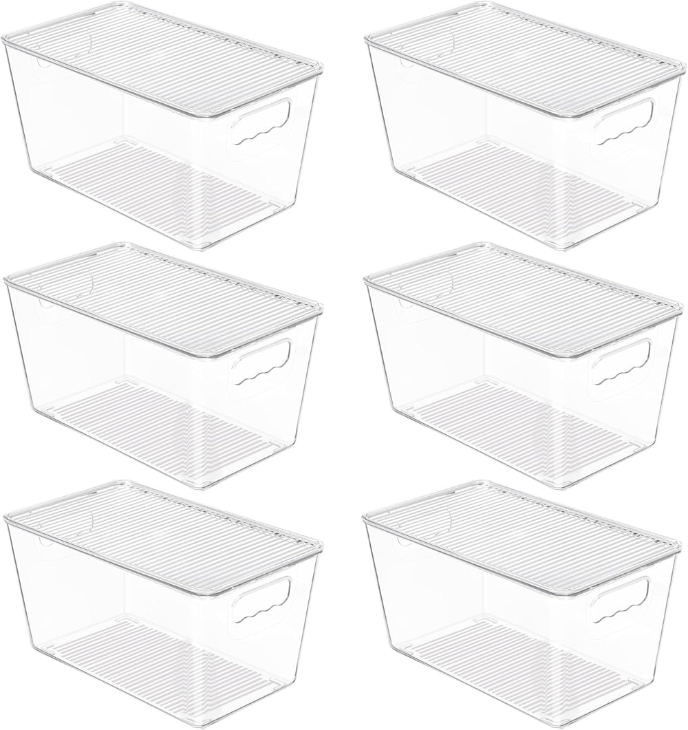 6 Pack Clear Stackable Storage Bins with Lids, Organizer Boxes with Handle for Kitchen Organization, Perfect for Pantry, Fridge, Cabinet, Closet, Bathroom, Medium