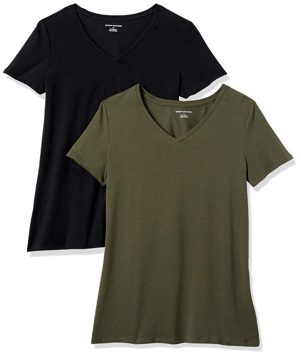 Amazon Essentials Women's Classic-Fit Short-Sleeve V-Neck T-Shirt, Pack of 2, Olive/Black, X-Large