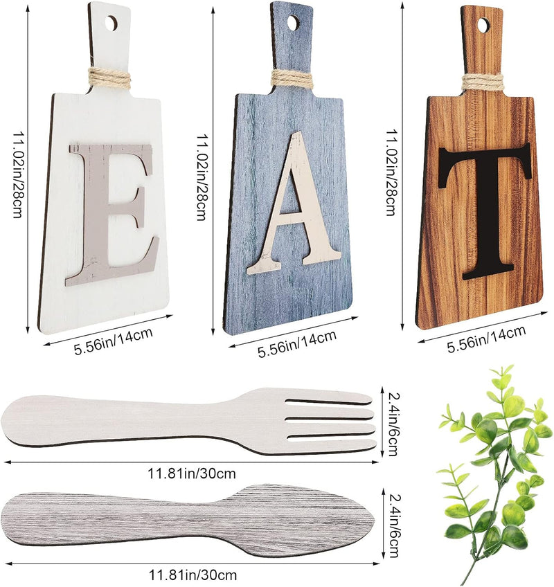 Jetec Cutting Board Eat Sign Set Hanging Art Kitchen Fork and Spoon Wall Decor Rustic Primitive Country Farmhouse for Home Decoration ()