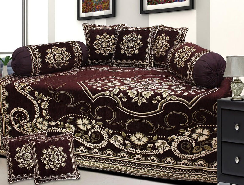 FRESH FROM LOOM Velvet Abstract 500 TC Diwan Set Brown - 1 Single Bedsheet with 2 Bolster Covers and 5 Cushion Covers (8pc Set)