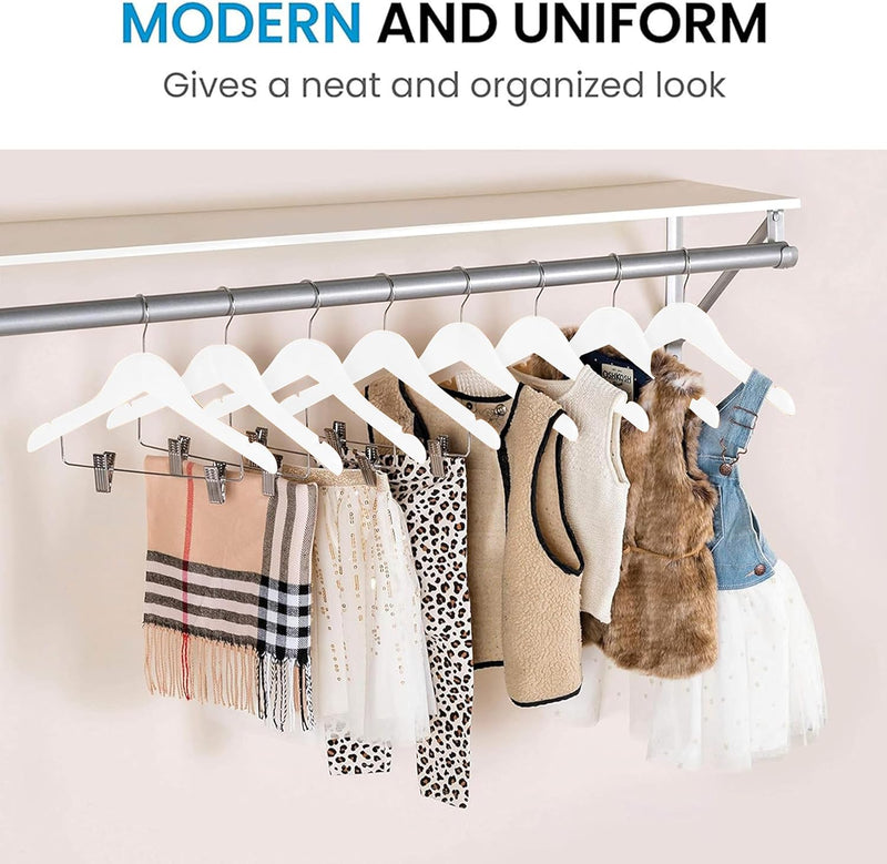 High-Grade Wooden Childrens/Kids Hangers with Clips (10 Pack) Smooth & Durable Wood Baby Hangers/Nursery Hangers 360° Hook & Cut Notches- Great Toddler Hanger for Dress Skirts Pants (WHITE, 10 PACK)
