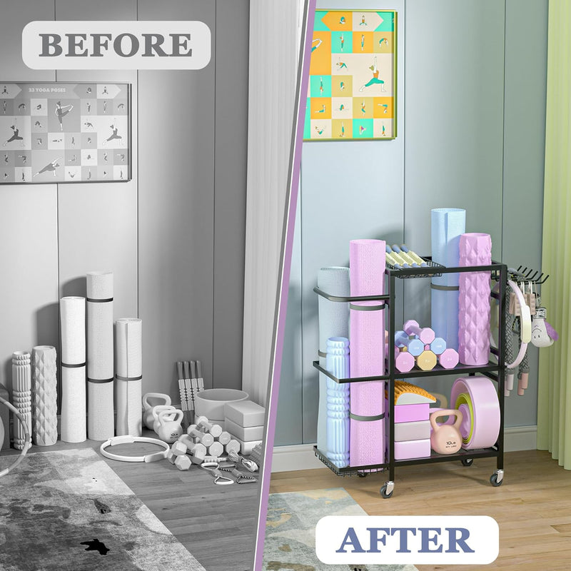 Home Gym Storage Rack, 3 Tier Yoga Mat Storage Rack with Wheel for Yoga Lover, Exercise Equipment and Workout Equipment Organizer, Yoga Mat Holder for Yoga Mats, Foam Roller and Dumbbells