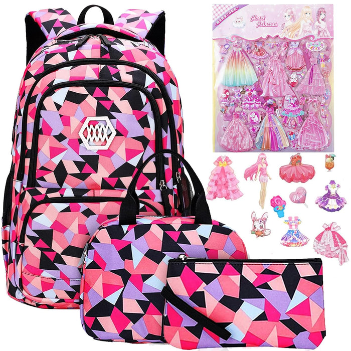 Yoawllty School Bag for Girls, Kids Backpack for School Bookbag for Elementary 3 in 1 School Bag Sets with Lunch Tote Pencil Bag and Cartoon Sticker(Pink)