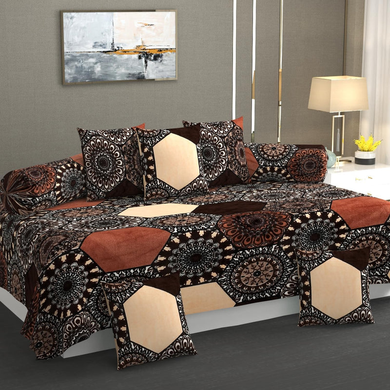 TIB Presents Flannel Warm Diwan Cover Set, 1 Single Bedsheet (60 x 90 inch), 5 Pillows (16 x 16 inch), 2 Bolster Covers (16 x 32 inch) (Triangle Black)