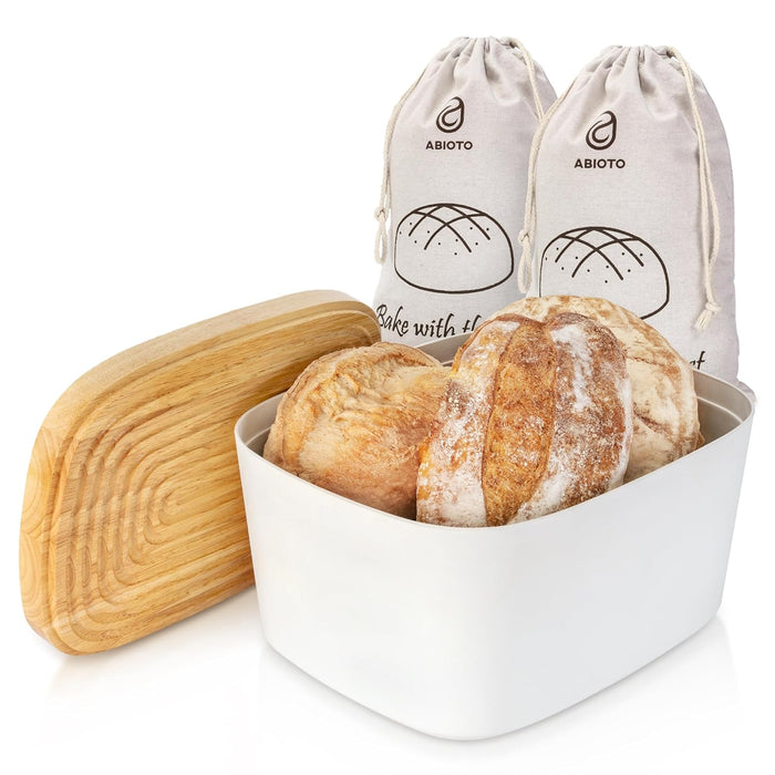 ABIOTO Modern Bread Box for Kitchen Counter Top with 2 Bread Bags (White) - Sturdy Modern Construction, Ribbed Design Keeps Bread Fresh Longer - Large Sourdough Bread Box with Cutting Board Lid