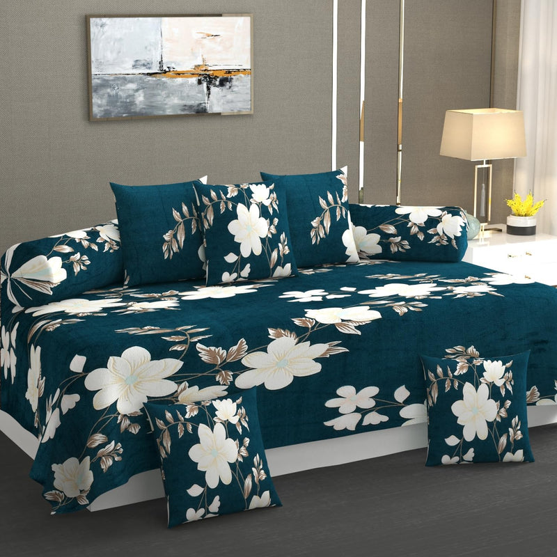 TIB Presents Flannel Warm Diwan Cover Set, 1 Single Bedsheet (60 x 90 inch), 5 Pillows (16 x 16 inch), 2 Bolster Covers (16 x 32 inch) (Triangle Black)