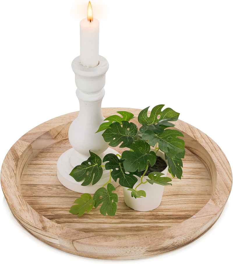 Hanobe Candle Plate Holder Tray: Round Wooden Decorative Candle Plate Small Farmhouse Table Centerpiece Rustic Wood Tealight Pillar Trays for Christmas Wedding Halloween Home Decor