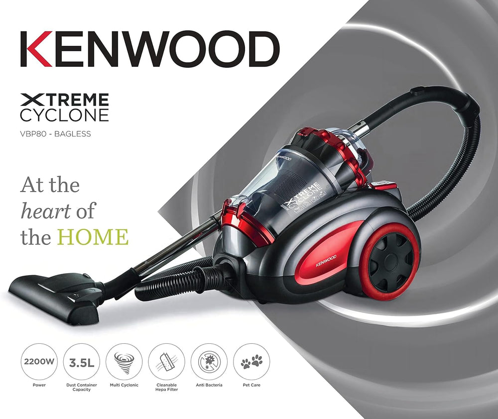 KENWOOD Vacuum Cleaner 2200W Multi Cyclonic Bagless Canister Vacuum Cleaner 3.5L with 5m Cable, Multi-Surface, Cleanable Hepa Filter, Anti Bacteria, Pet Care for Home & Office VBP80.000RG Grey/Red