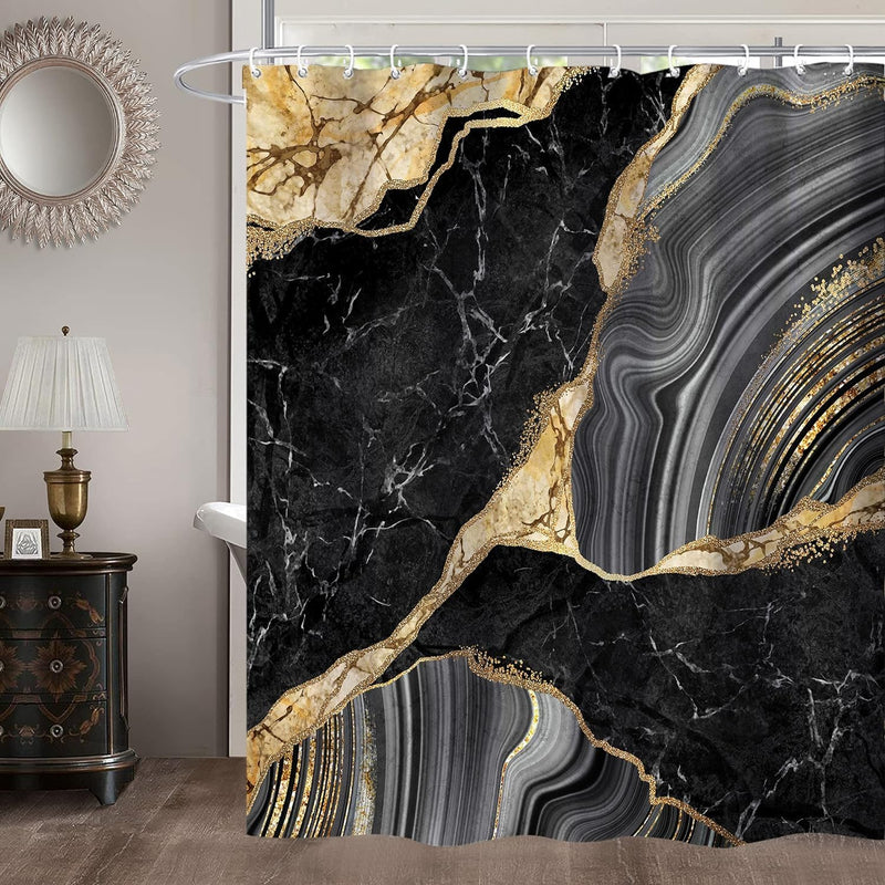 Miyotaa Black Gold Marble Shower Curtain Set 60Wx71H Inches Ink Texture Luxury Abstract Decorative Stone Polyester Waterproof Cloth Bathroom Curtain with 12 Hooks