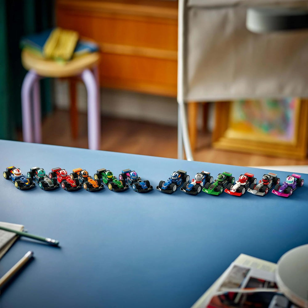 Minifigures F1 Collectible Race Cars Toys - Get 1 of 12 Mini Car Models with Drivers Helmets & Moving Wheels - Formula 1 Teams incl. Ferrari, Mercedes, McLaren, Red Bull - Mystery Box - 71049