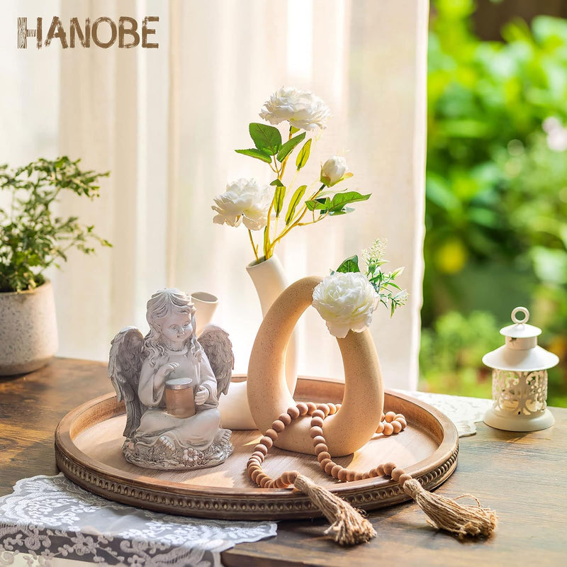 Hanobe Decorative Serving Tray Wood: White Washed Bead Round Tray Decor for Coffee Table Rustic Wooden Trays Farmhouse Centerpiece for Living Room Kitchen Counter