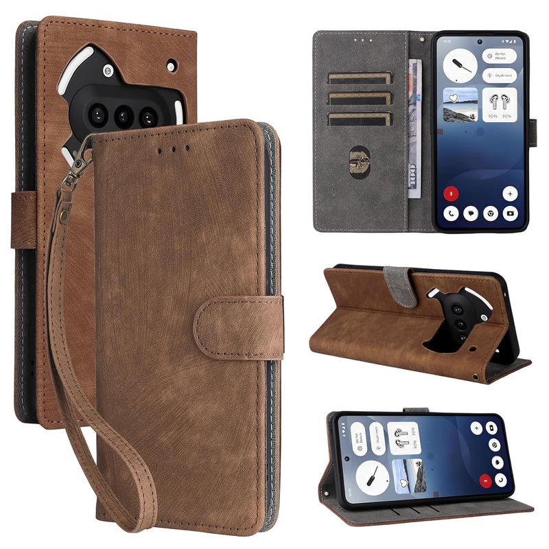 For Nothing Phone 3a Flip Cover with Hand Strap, PU Leather Full Body Protection Shockproof Flip Mobile Phone Case, RFID Anti-theft Brush Folio Wallet Case