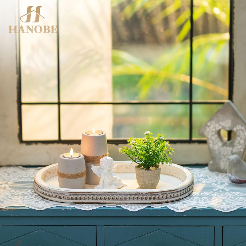 Hanobe Decorative Serving Tray Wood: White Washed Bead Round Tray Decor for Coffee Table Rustic Wooden Trays Farmhouse Centerpiece for Living Room Kitchen Counter