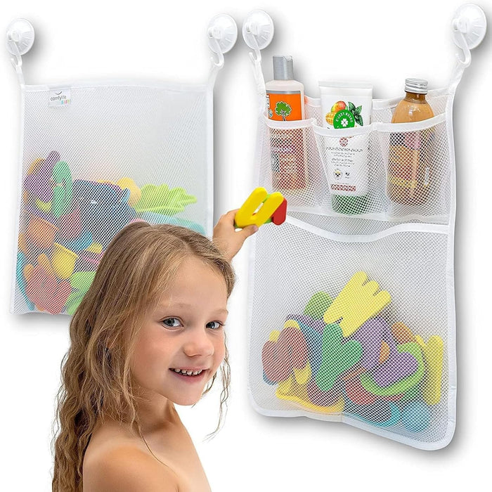 ALMEKAQUZ Mesh Bath Toy Organizer, Extra Durable Washable Mesh Baby Bath Toys Bag, Ultra Strong Anti Slip Hooks, Large Capacity Multi Use Bathroom Shower Bathtub Toy Storage Hangs Bag