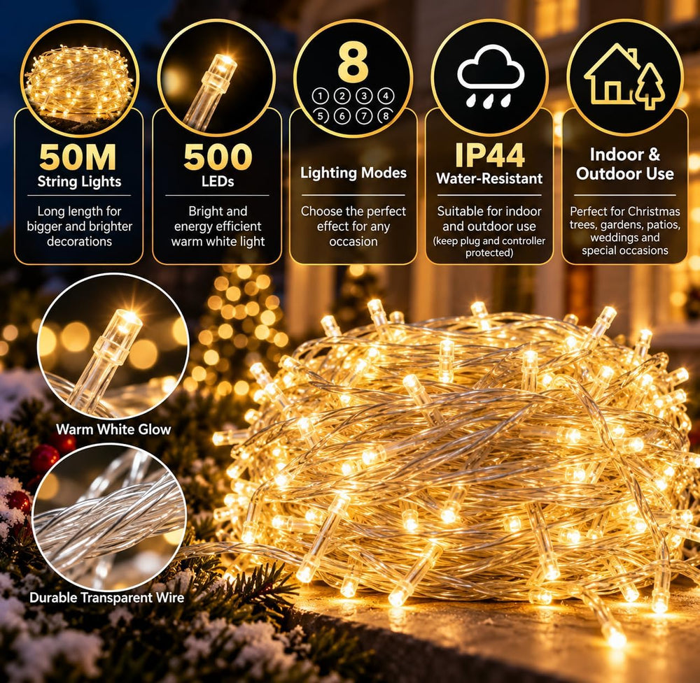 Christmas Lights,50M 500 LED Christmas Tree Lights, Warm White String Lights, 8 Lighting Modes, Christmas Decorations for Bedroom, Gardens, Balcony, Wedding and Party,Diwali,