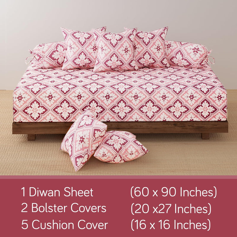 HOKIPO Cotton Feel Brushed Microfiber 145 GSM Printed 8 Pcs Diwan Set with 1 Bedsheet 60x90 Inches|2 Bolster Covers 20x27 Inches|5 Pillow Covers 16 Inches (D5-IN-778), Multicolor