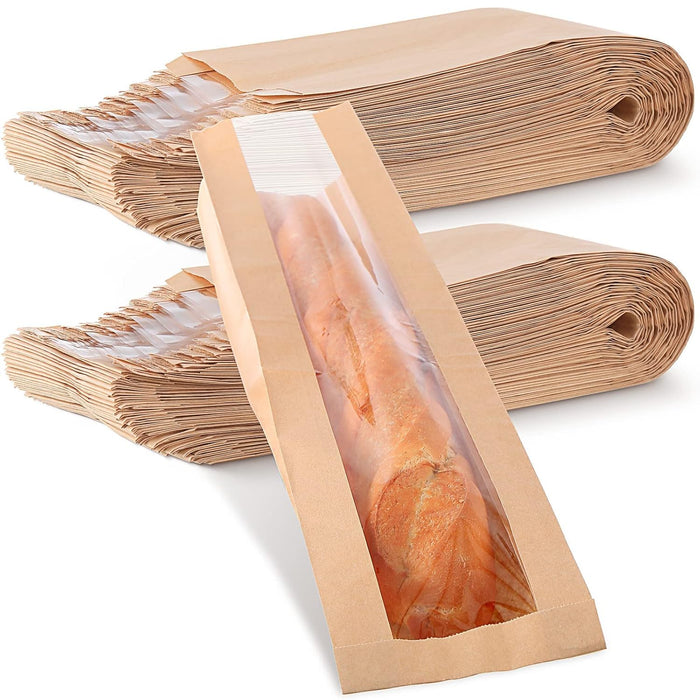 MAKINGTEC Paper Bread Bag, 100PCS Homemade Bread Bags with Window, Baguette Bag for Bread, Brown Kraft Loaf Storage Sacks, Long French Bread Bags, Bread Biscuits Packaging (4.5 x 2 x 24 Inch)