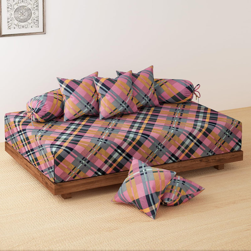 HOKIPO Cotton Feel Brushed Microfiber 145 GSM Printed 8 Pcs Diwan Set with 1 Bedsheet 60x90 Inches|2 Bolster Covers 20x27 Inches|5 Pillow Covers 16 Inches (D5-IN-778), Multicolor