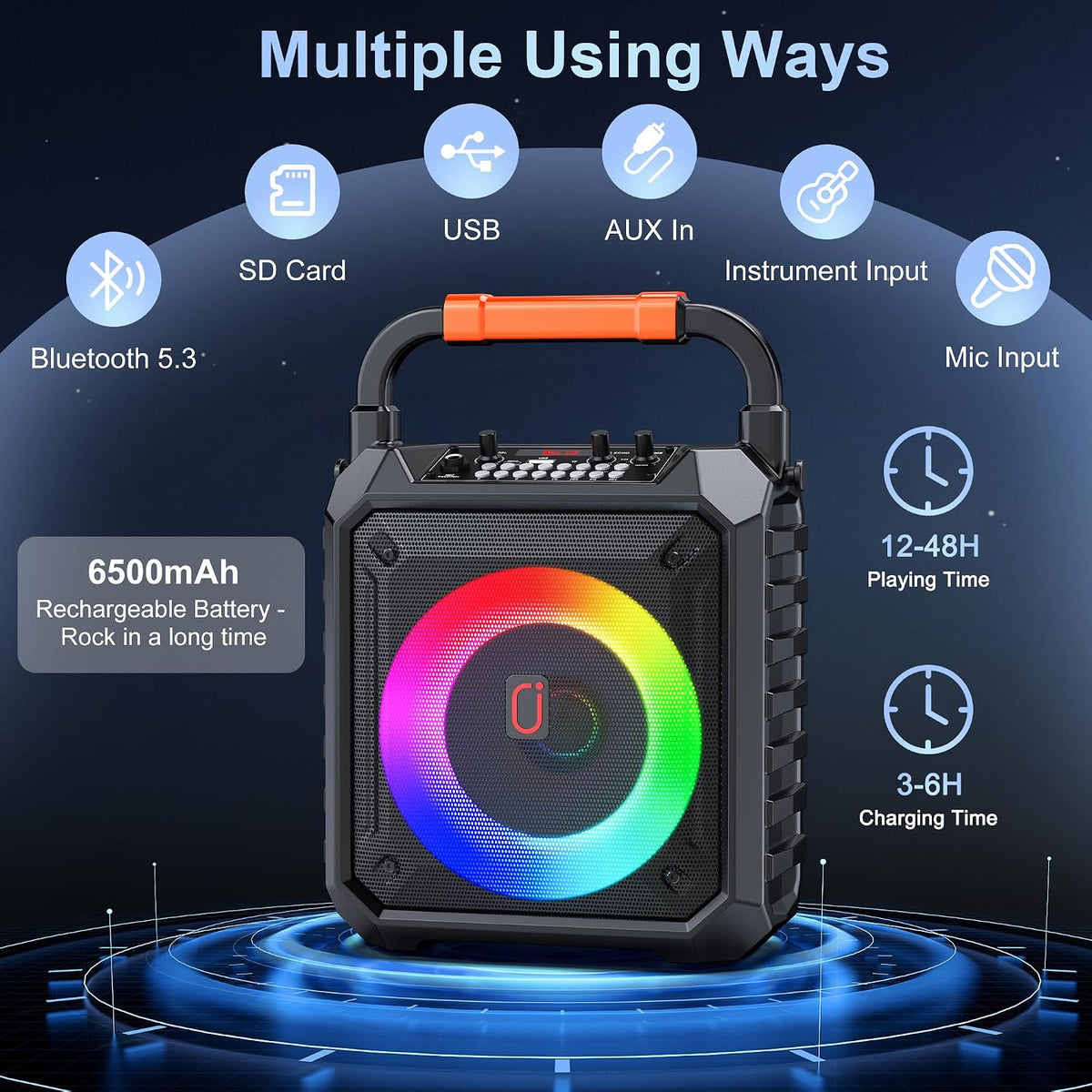 Karaoke Machine for Adults & Kids with 2 Wireless Microphones, Portable Bluetooth Speaker with LED Lights, Supports USB/TF Card/AUX for Party โ image 3