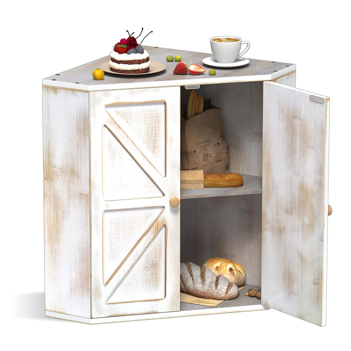 VEDECASA Bamboo Bread Bin Corner 2 Tier Bread Container for Kitchen Bamboo Corner Bread Box Large Bread Storage Container for Kitchen Counter 43 x 28.2 x 42 cm Old Fashioned White