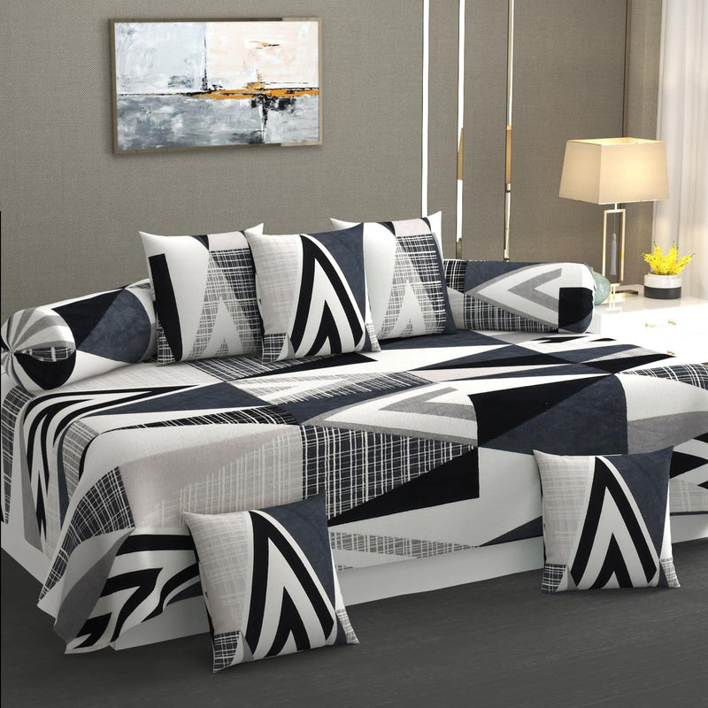 TIB Presents Flannel Warm Diwan Cover Set, 1 Single Bedsheet (60 x 90 inch), 5 Pillows (16 x 16 inch), 2 Bolster Covers (16 x 32 inch) (Triangle Black)
