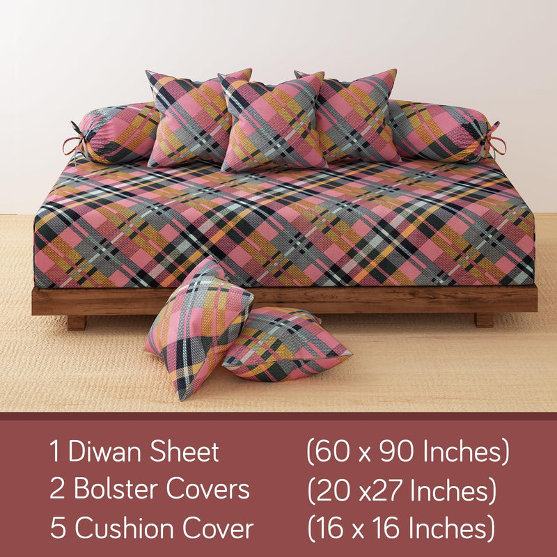 HOKIPO Cotton Feel Brushed Microfiber 145 GSM Printed 8 Pcs Diwan Set with 1 Bedsheet 60x90 Inches|2 Bolster Covers 20x27 Inches|5 Pillow Covers 16 Inches (D5-IN-778), Multicolor
