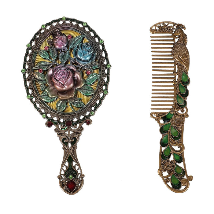 Antique Handheld Mirror and Hair Brush Set, Elegant Travel Makeup Tools for Women and Girls, Vintage Beauty Accessories