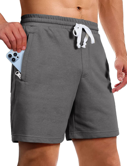 Men's Athletic Gym Shorts with Zipper Pockets 5.5" Elastic Waist Casual Cotton Sweat Short Pants for Pajama Jogger Sport