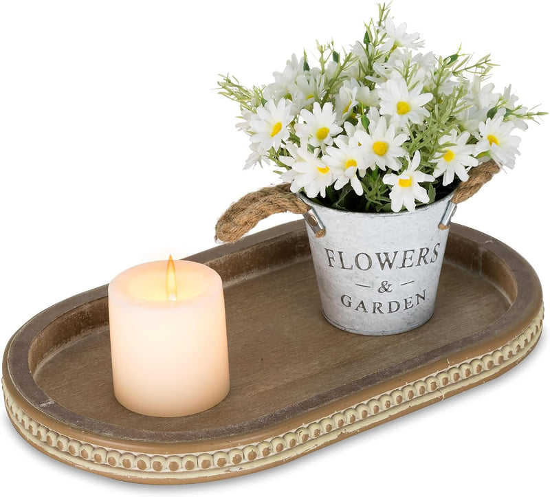 Hanobe Decorative Serving Tray Wood: White Washed Bead Round Tray Decor for Coffee Table Rustic Wooden Trays Farmhouse Centerpiece for Living Room Kitchen Counter