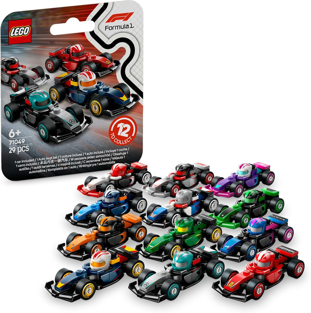 Minifigures F1 Collectible Race Cars Toys - Get 1 of 12 Mini Car Models with Drivers Helmets & Moving Wheels - Formula 1 Teams incl. Ferrari, Mercedes, McLaren, Red Bull - Mystery Box - 71049
