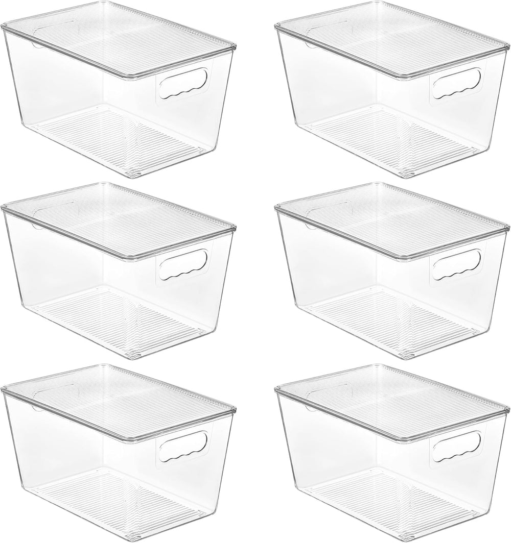 6 Pack Clear Stackable Storage Bins with Lids, Organizer Boxes with Handle for Kitchen Organization, Perfect for Pantry, Fridge, Cabinet, Closet, Bathroom, Medium