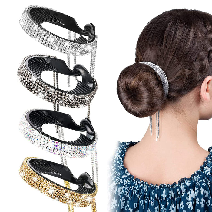 KASTWAVE Rhinestone Hair Accessories Bun,4 Pcs Bun Clip Large with Rhinestone Tassel, Elegant Glitter Hair Bun Holder Half Balloon Nest Expanding Jeweled Claws for Women Girls