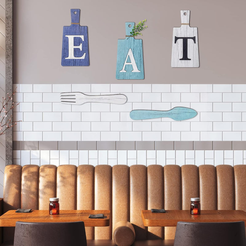Jetec Cutting Board Eat Sign Set Hanging Art Kitchen Fork and Spoon Wall Decor Rustic Primitive Country Farmhouse for Home Decoration ()