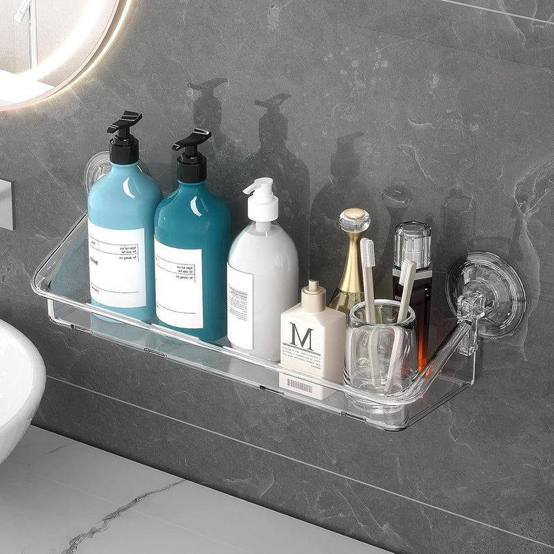 KASTWAVE Shower Caddy Suction Cup, No Drilling Hang Walls, Adhesive Clear Acrylic Shelf, for Bathroom, Pantry, Kitchen, Utility Room (Shower Caddy Suction Cup)