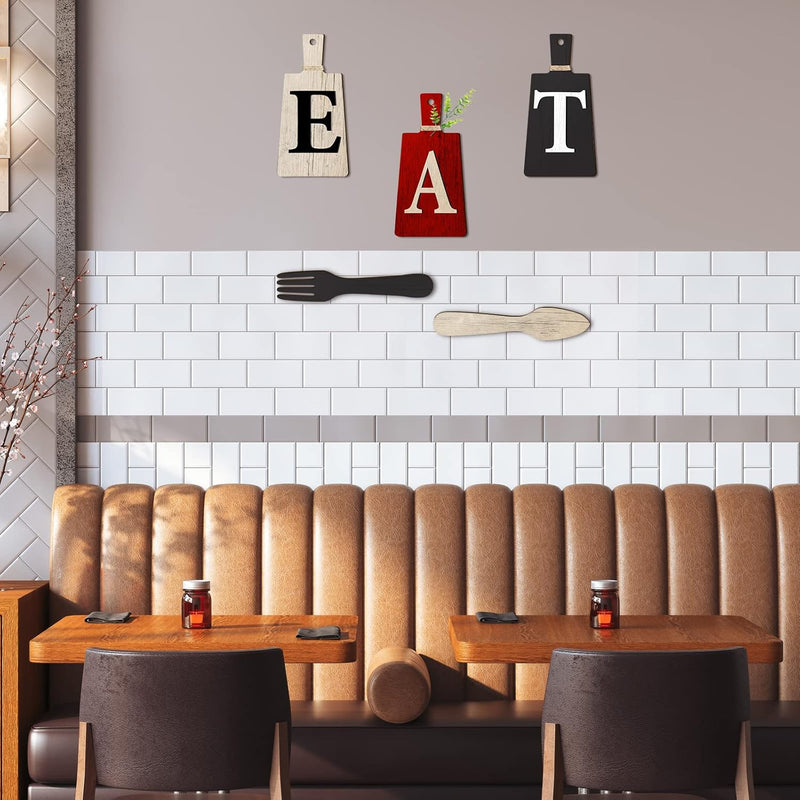 Jetec Cutting Board Eat Sign Set Hanging Art Kitchen Fork and Spoon Wall Decor Rustic Primitive Country Farmhouse for Home Decoration ()