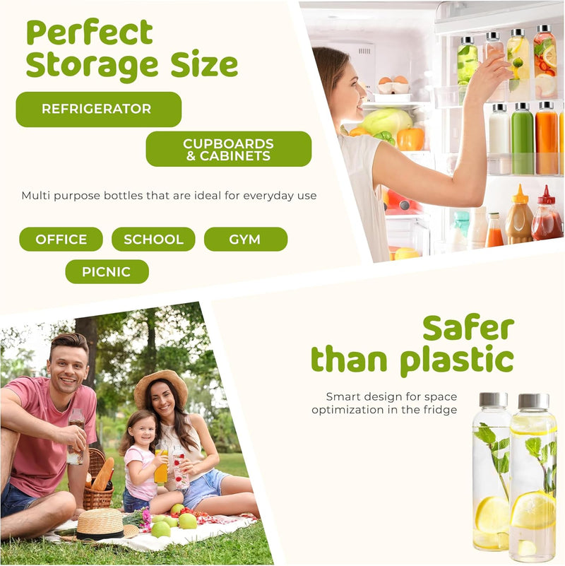 HOOJO® 1L Glass Water Bottles – Set of 3 Reusable 32oz Bottles with Leakproof Stainless Steel Lids – Durable Clear Glass for Juice, Tea, Milk, Smoothies & Hot or Cold Beverages