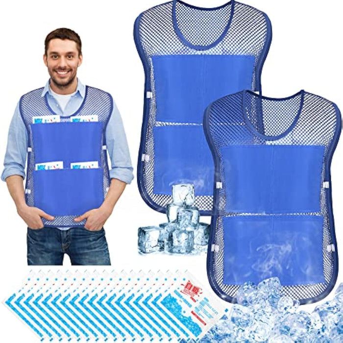 NALACAL 2Pcs Ice Vest, Cooling Vest with 16Pcs Ice Packs, Safety Vest, Summer Cooling Vest, Cool Jacket with Pockets for Outdoor Working in the Heat, Fishing, Running, Cycling, Gardening, Sports, Blue