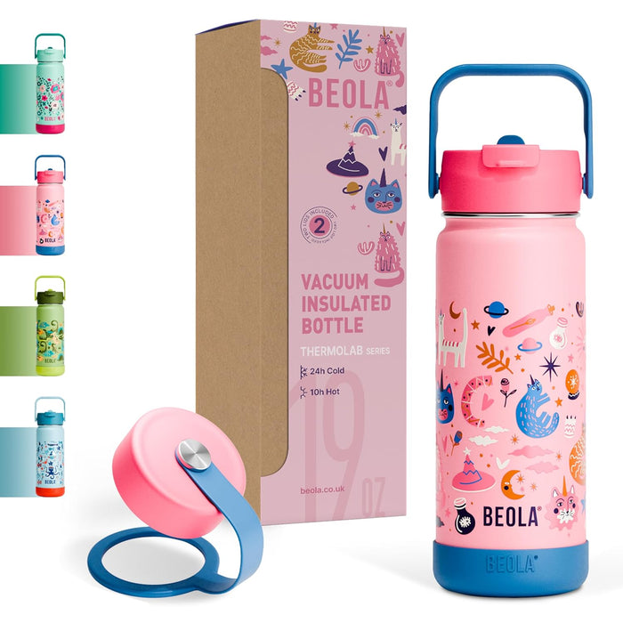 BEOLA 550ml Kids Water Bottle 18/8 Stainless Steel Double Wall Insulated Thermos Bottle with Straw Lid and Wide Mouth, Hot Cold Liquids Sports School Bottle (19oz, Unicat Magic)