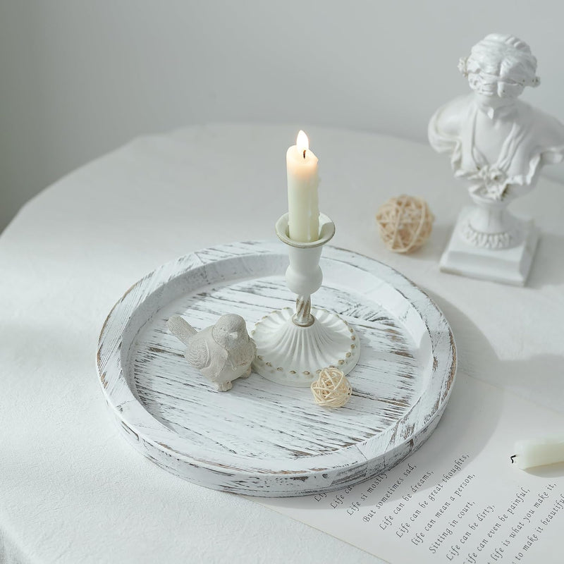 Hanobe Candle Plate Holder Tray: Round Wooden Decorative Candle Plate Small Farmhouse Table Centerpiece Rustic Wood Tealight Pillar Trays for Christmas Wedding Halloween Home Decor