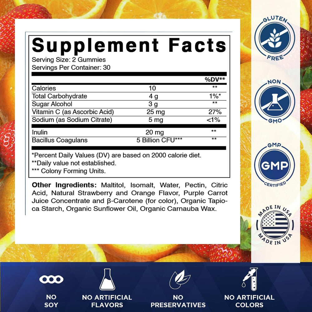 Probiotic + Prebiotic Gummies, 5 Billion CFU Digestive Support, Sugar Free Gut Health Supplement for Adults, Bacillus Coagulans with Inulin Fiber, 60 Gummies