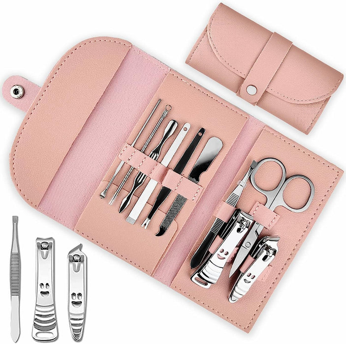 NALACAL Stainless Steel Manicure Set, Nail Clippers Portable Professional Pedicure Kit, Nail Care Tools Grooming Kit with Luxurious Travel Leather for Travel & Home, 10pcs (Pink)