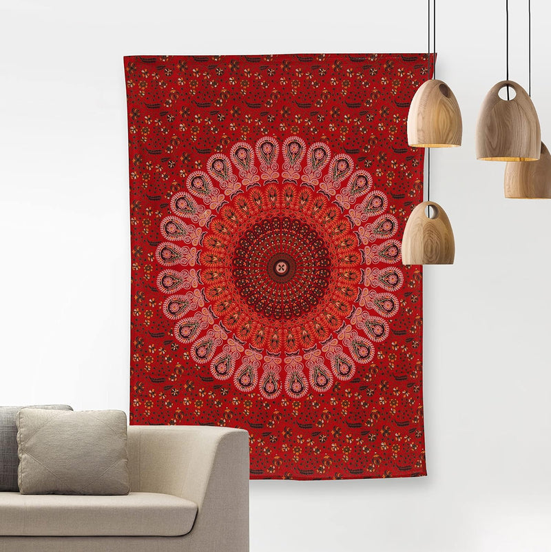 Bless International, Indian Wall Hanging Psychedelic Hippie Bohemian Peacock Mandala Tapestry Bed Sheet Gold Pink Blue King 225x265cm