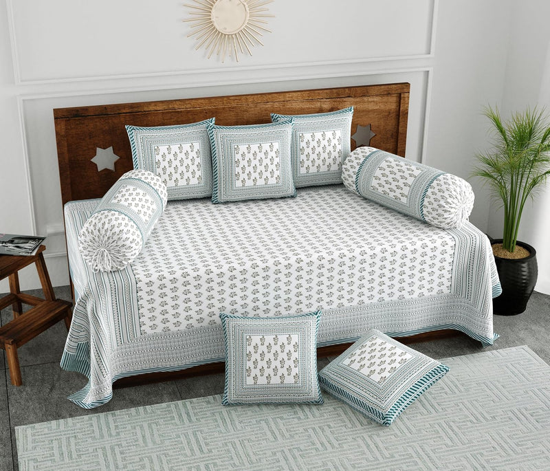 BLOCKS OF INDIA 200TC Diwan Set Cotton 8 Piece | Deewan Printed Bedsheet Sets for Living Room Hall (Set of 8 Piece, 1-Bed Sheet | 2-Bolster Cover | 5-Cushion Cover (Color 25)