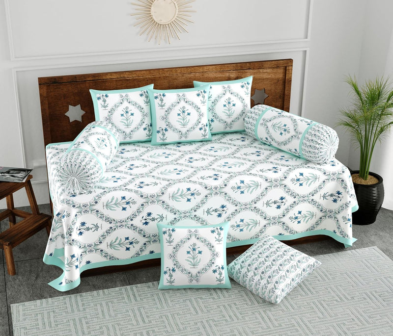 BLOCKS OF INDIA 200TC Diwan Set Cotton 8 Piece | Deewan Printed Bedsheet Sets for Living Room Hall (Set of 8 Piece, 1-Bed Sheet | 2-Bolster Cover | 5-Cushion Cover (Color 25)