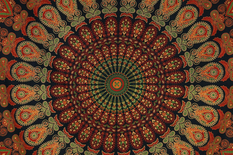 Bless International, Indian Wall Hanging Psychedelic Hippie Bohemian Peacock Mandala Tapestry Bed Sheet Gold Pink Blue King 225x265cm