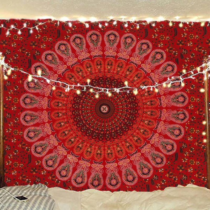 Bless International, Indian Wall Hanging Psychedelic Hippie Bohemian Peacock Mandala Tapestry Bed Sheet Gold Pink Blue King 225x265cm