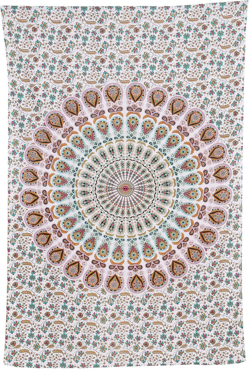 Bless International, Indian Wall Hanging Psychedelic Hippie Bohemian Peacock Mandala Tapestry Bed Sheet Gold Pink Blue King 225x265cm